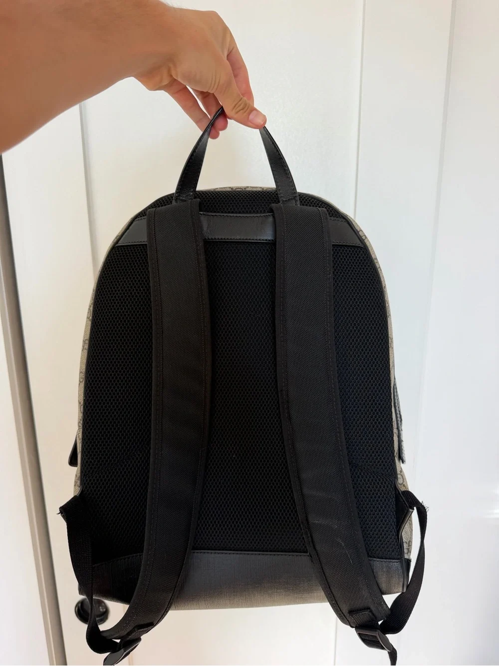 Gucci Beige Monogram Canvas Backpack with Black Trim